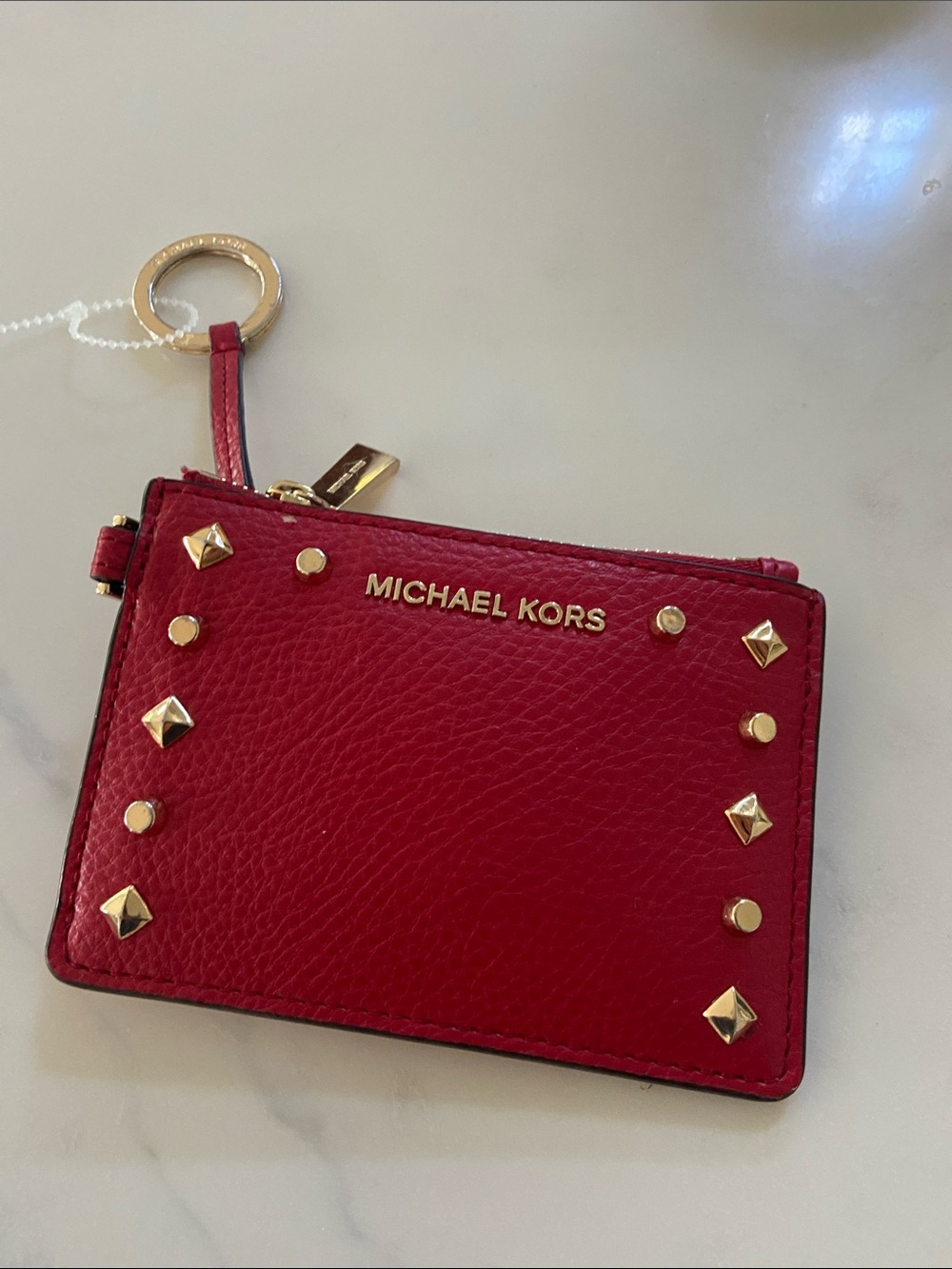 Michael Kors Red Leather Studded Card Case with Gold Key Ring